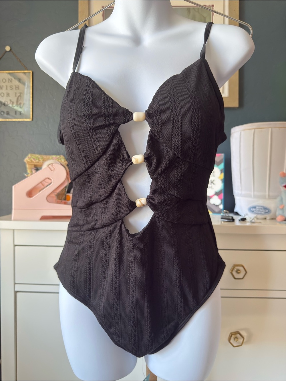 Cupshe Black One-Piece Swimsuit with Center Cutouts and Wood Bead Accents